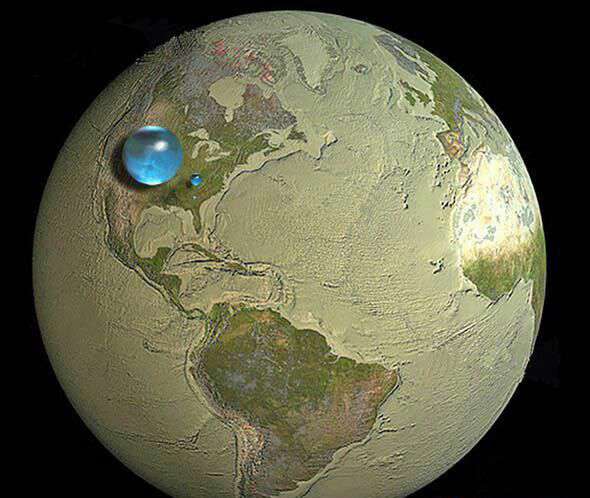 کره‌ی زمین بدون آب. قطره‌ای که مشاهده می‌کنید در واقع مقدار کل آب‌های کره‌ی زمین و قطره کوچک، آب‌های شیرین آن است
